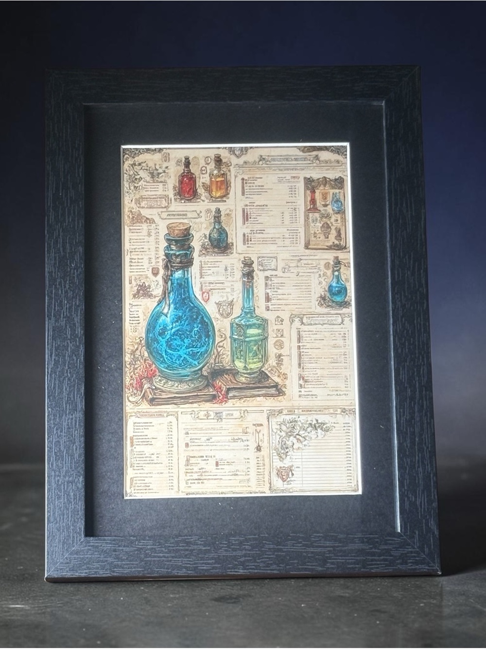 Vintage Blue Potion Apothecary Framed Art – New 5x7